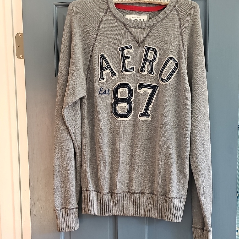 Aeropostale Gray Crewneck Sweater Men Xlarge Causal Modern Embroidered Patch